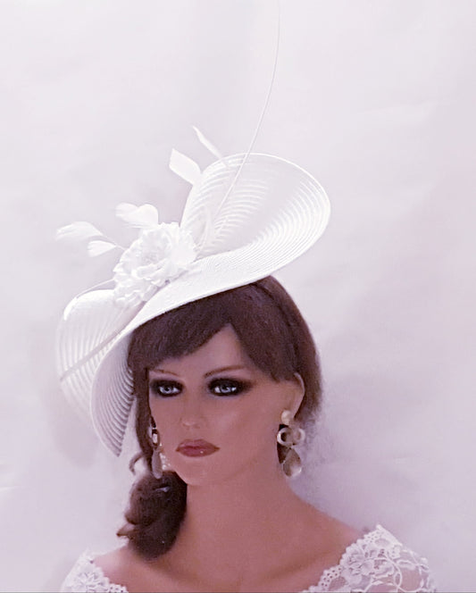 White fascinator large saucer hatinator Quil Floral Church Derby Ascot Race Wedding TeaParty hat Mother of Bride/Groom Hatinator