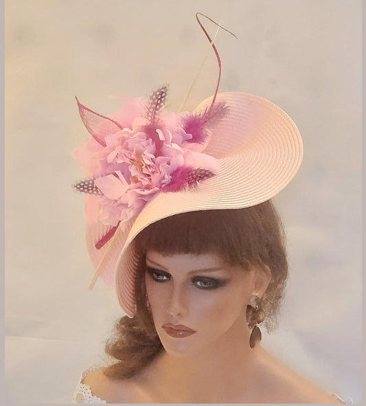 Pink fascinator large saucer hatinator Quil Floral feather Church Derby Ascot Hat Race Wedding TeaParty hat Mother of Bride/Groom Hatinator