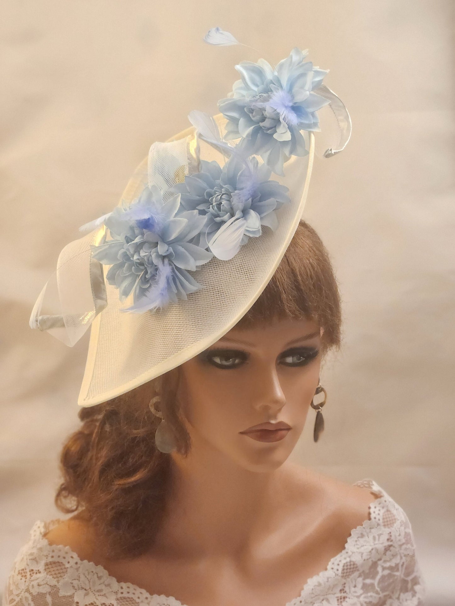 WHITE/ BLUE Fascinator Hat WHITE Teardrop hatinator long Swril Floral Church Derby Ascot Wedding Party Mother of Bride/Groom Fascinator Hat