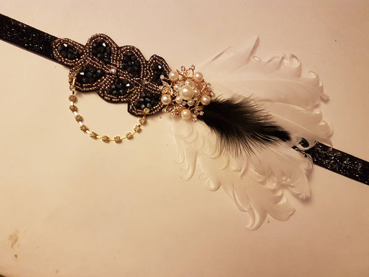 1920s Flapper Headpiece, Gatsby Headband, Crystal Bead Great Gatsby Headband, Vintage 1920s-40s sparkly headband, Gatsby black gold headband