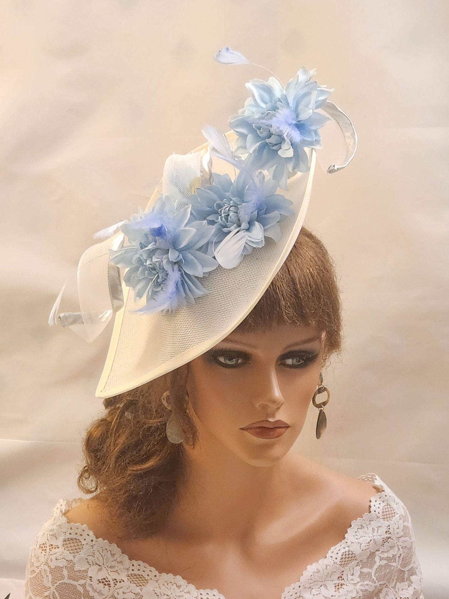 WHITE/ BLUE Fascinator Hat WHITE Teardrop hatinator long Swril Floral Church Derby Ascot Wedding Party Mother of Bride/Groom Fascinator Hat