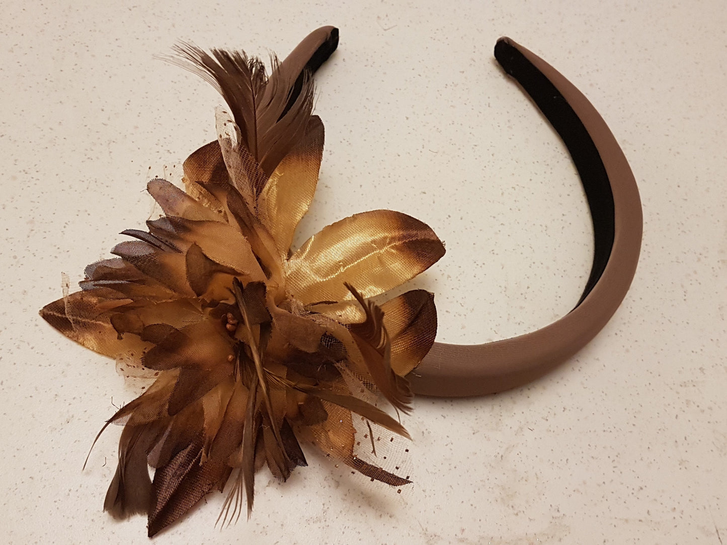 TAN/NUDE Fascinator  Feather Flower SUEDE Padded Headband Fascinator Headpiece Halo Padded Hair Crown Races Wedding Prom