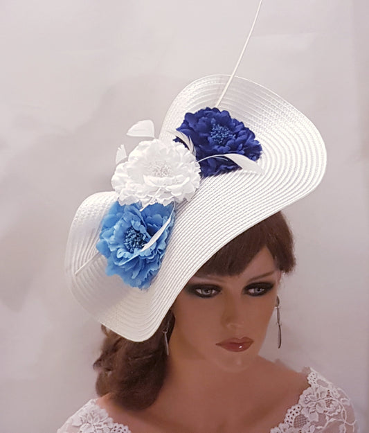 WHITE & BLUE fascinator large saucer hatinator long Quil Floral Church Derby Royal Ascot Wedding Party hat Mother of Bride/Groom Hatinator