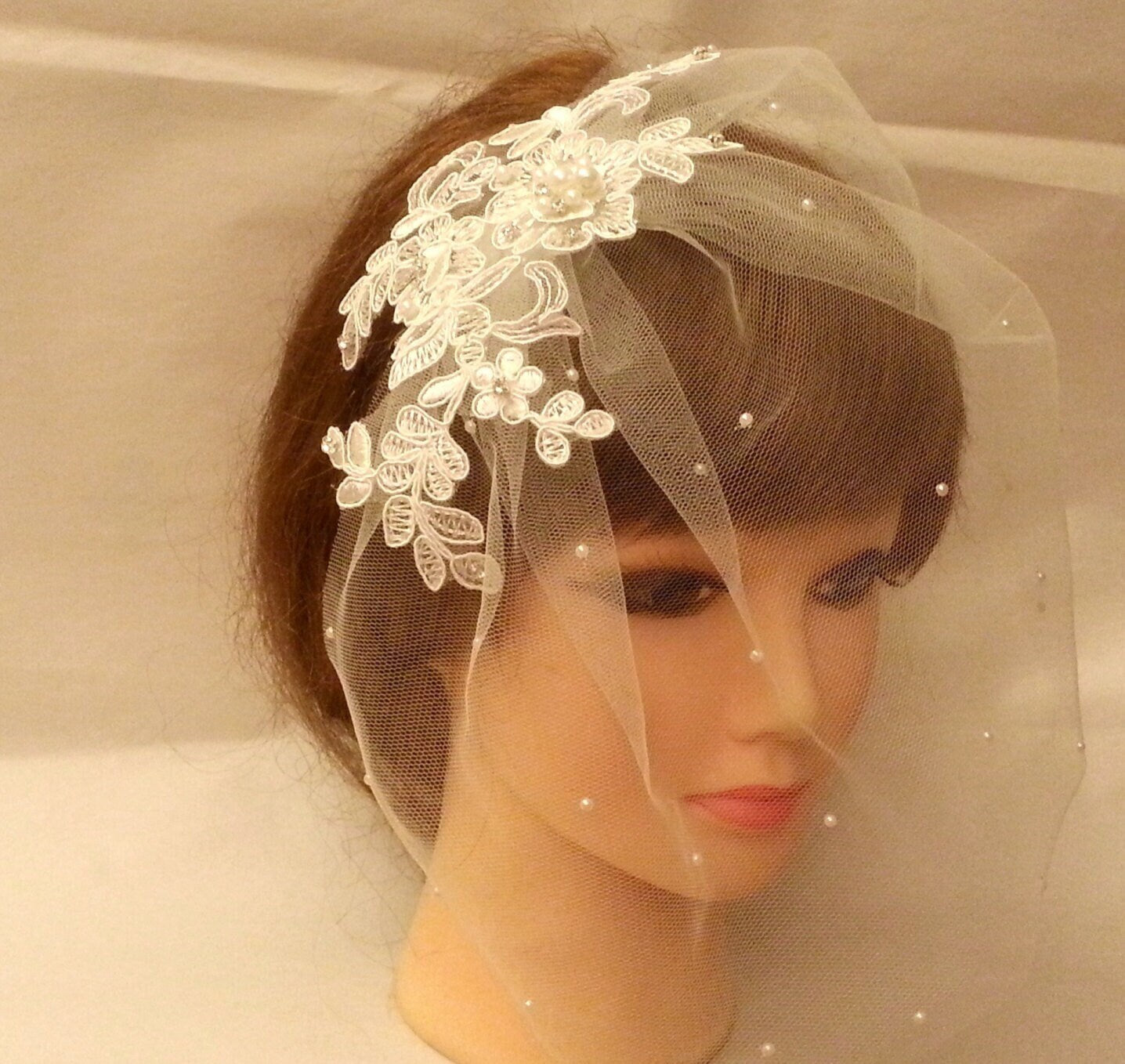 BRIDAL Birdcage veil White Ivory Tulle birdcage veil Lace fascinator veil Diamonte Pearls Bridal veil Blusher veil Tulle face blusher veil