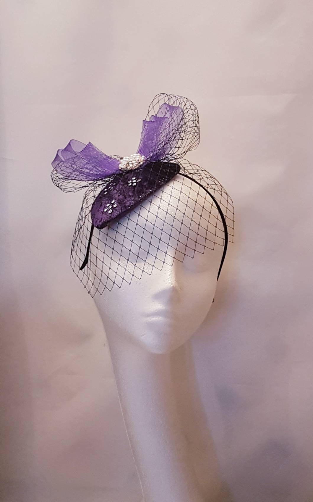 PURPLE Fascinator, Purple Velvet FASCINATOR Hat with mini veil hat, Race,Cocktail,Ascot,Cocktail fascinator hat,Wedding headpiece,Hatinator