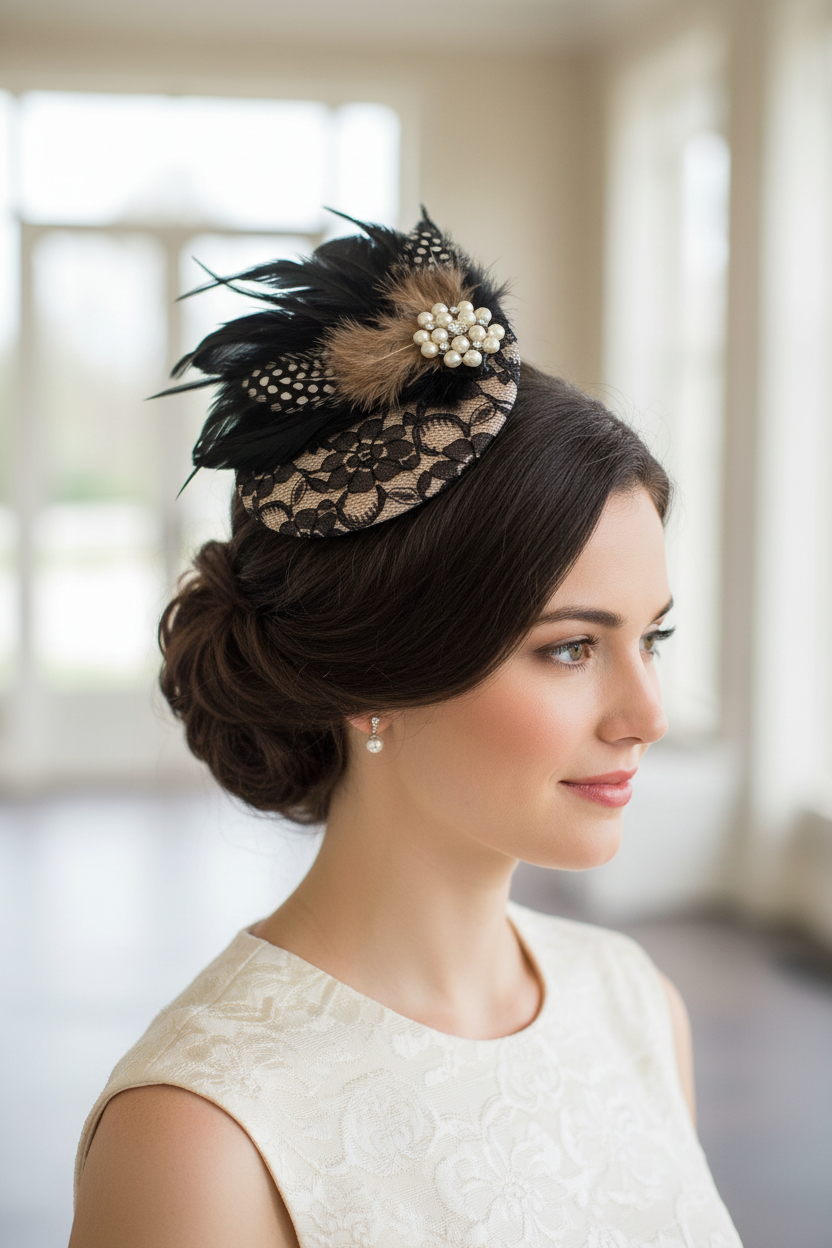 Hat fascinator, Black  feather facinator 40s50s  Black & White Fascinator