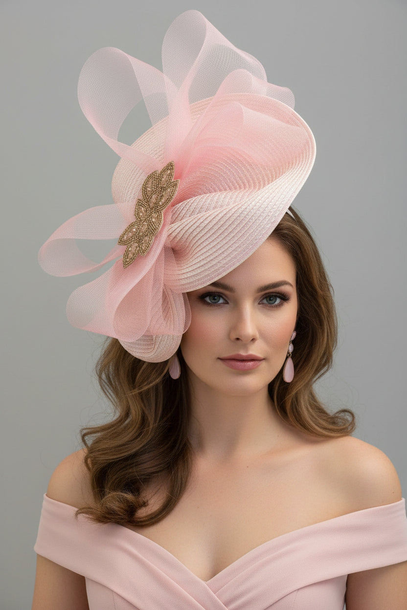Blush pink wedding hat fascinator with crinoline bows and sparkly beaded motif, large saucer style for special occasions