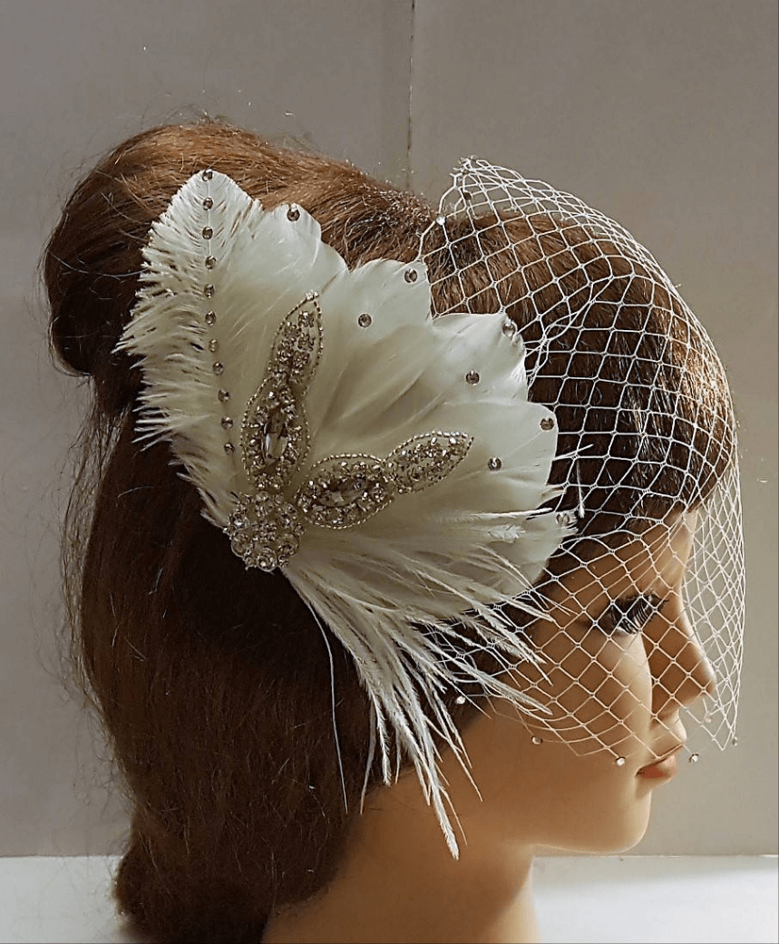 Birdcage veil, Bridal Fascinator,Gatsby fascinator,1920s wedding fascinatorBridal feather fascinator with Birdcage veil