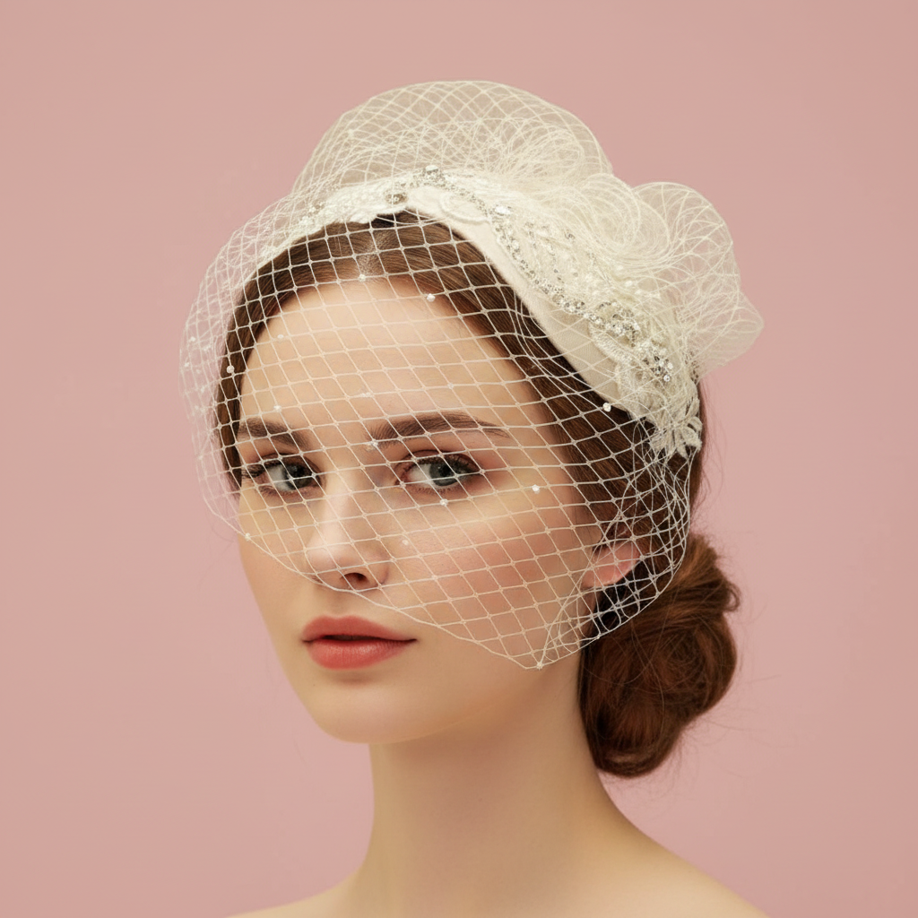 Bridal fascinator with birdcage veil Headpiece. White,Ivory Blush Pink unique headpiece