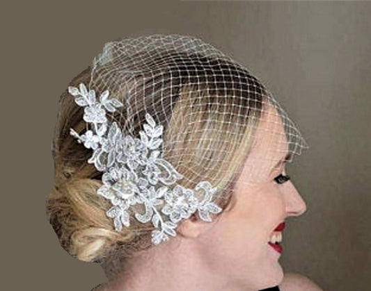 Bridal birdcage veil with white lace fascinator and pearls wedding hair accessory
