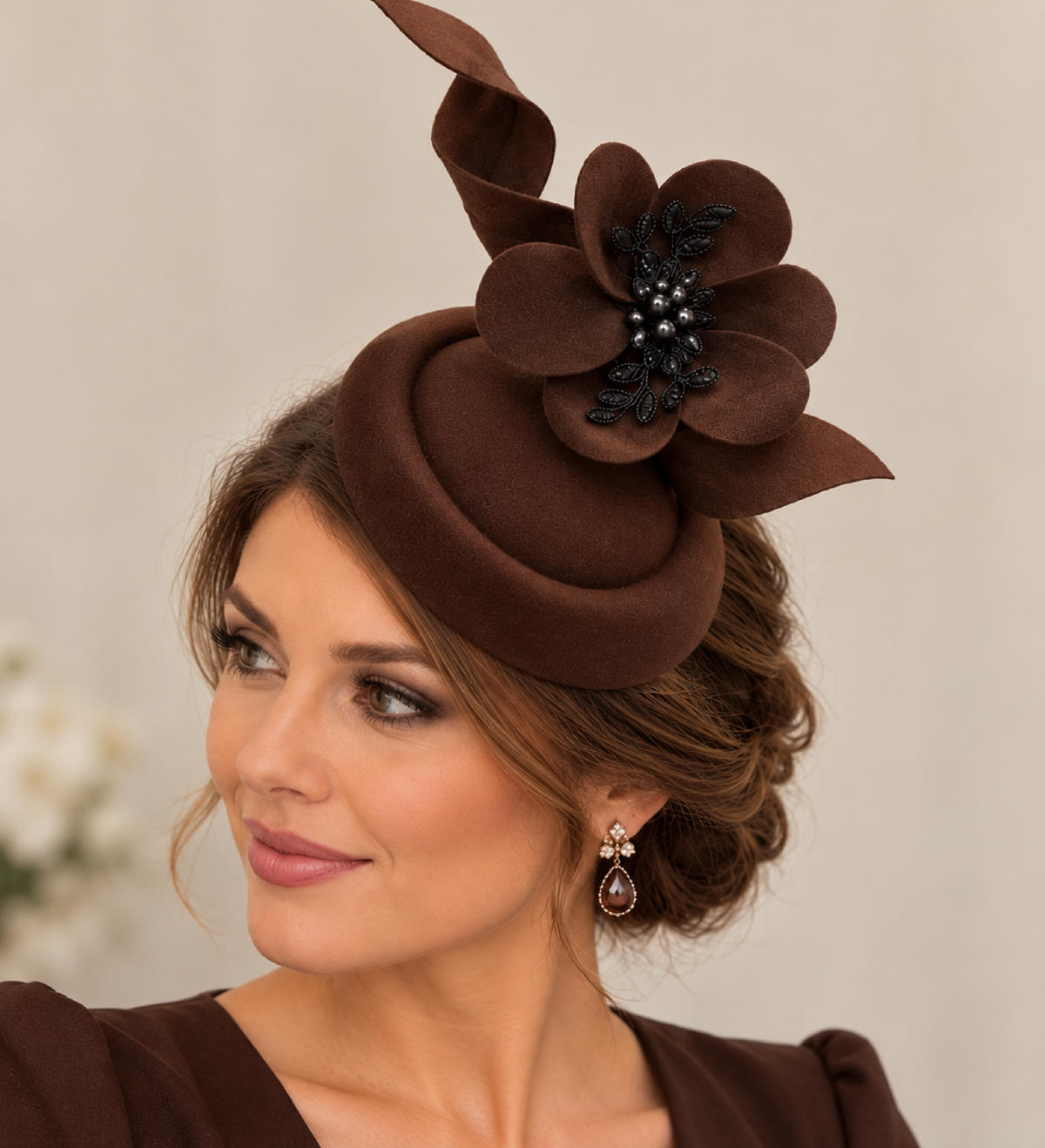 BROWN FASCINATOR, 40s 50s Brown Hat fascinator #Brown Felt hat Race,Cocktail,Ladies day,Ascot hat Brown felt flower hat Fascinator