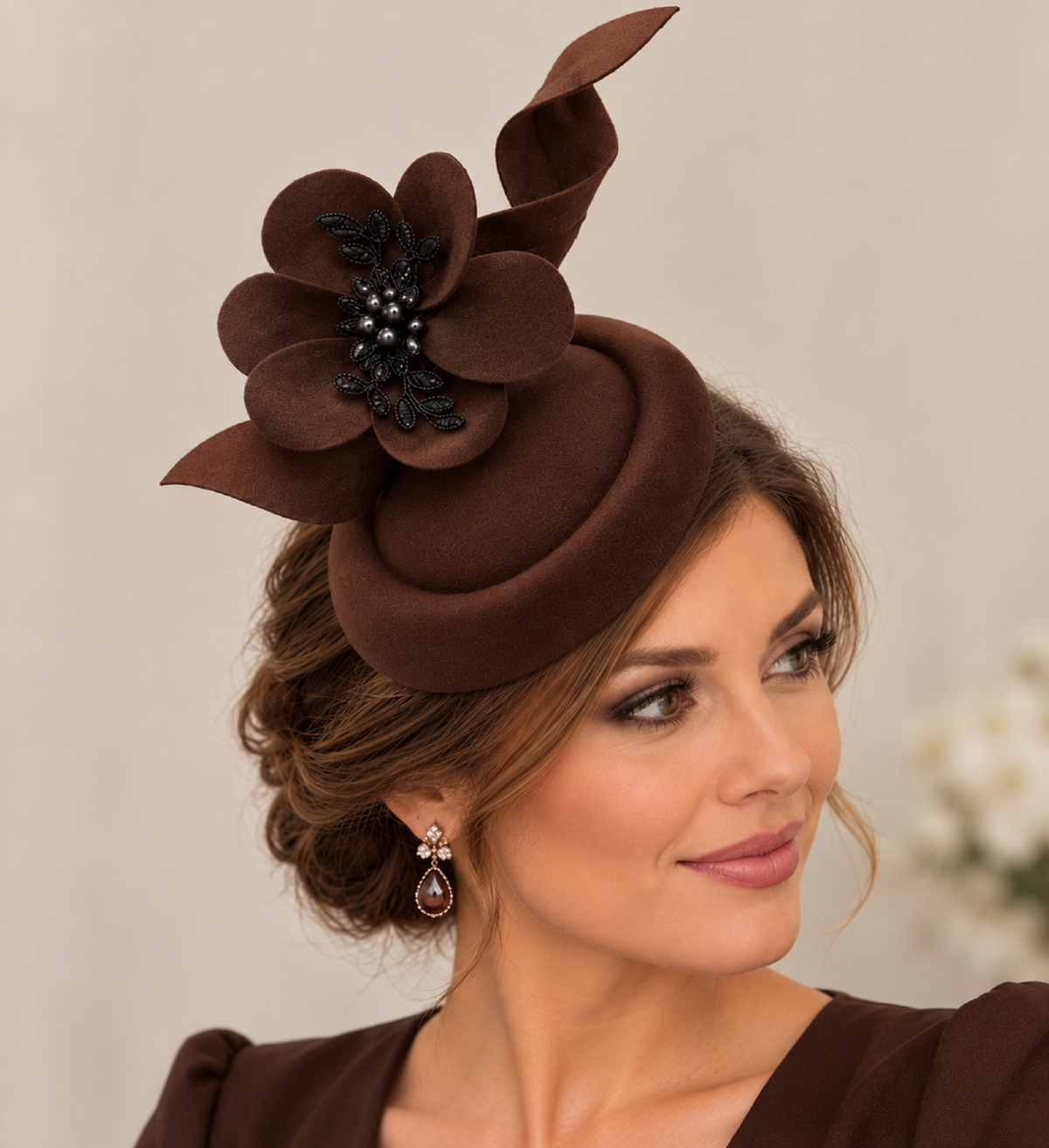 BROWN FASCINATOR, 40s 50s Brown Hat fascinator #Brown Felt hat Race,Cocktail,Ladies day,Ascot hat Brown felt flower hat Fascinator