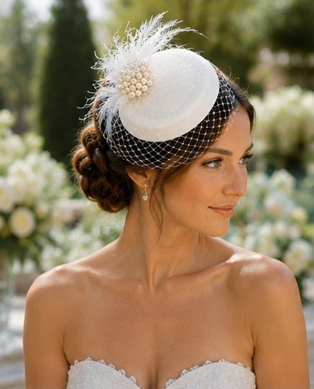 Bridal bird cage veil fascinator Hat#Feather hat fascinator White,Ivory fascinator Blusher Veil
