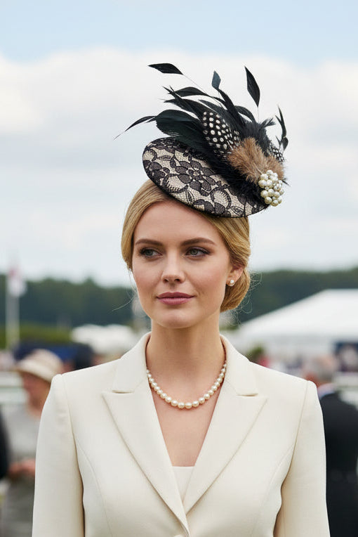 Hat fascinator, Black  feather facinator 40s50s  Black & White Fascinator.