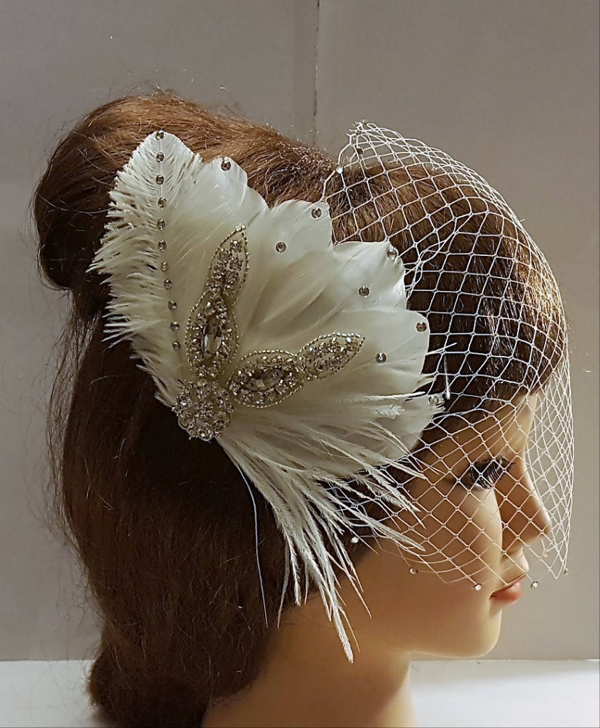 Birdcage veil, Bridal fascinator, Gatsby fascinator, 1920s wedding fascinator, White,Ivory  2 Pc Bridal feather fascinator  & Birdcage veil