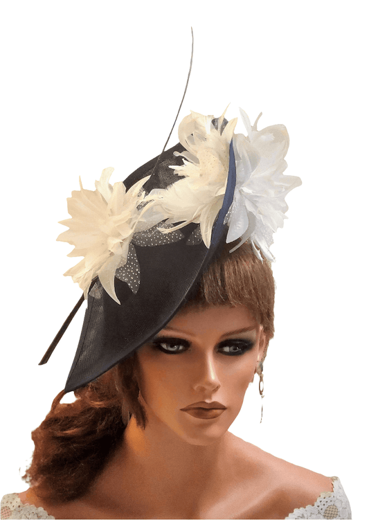 NAVY BLUE & White Fascinator Hat for Weddings, Races,Mother of the Bride/Groom & Special occasions