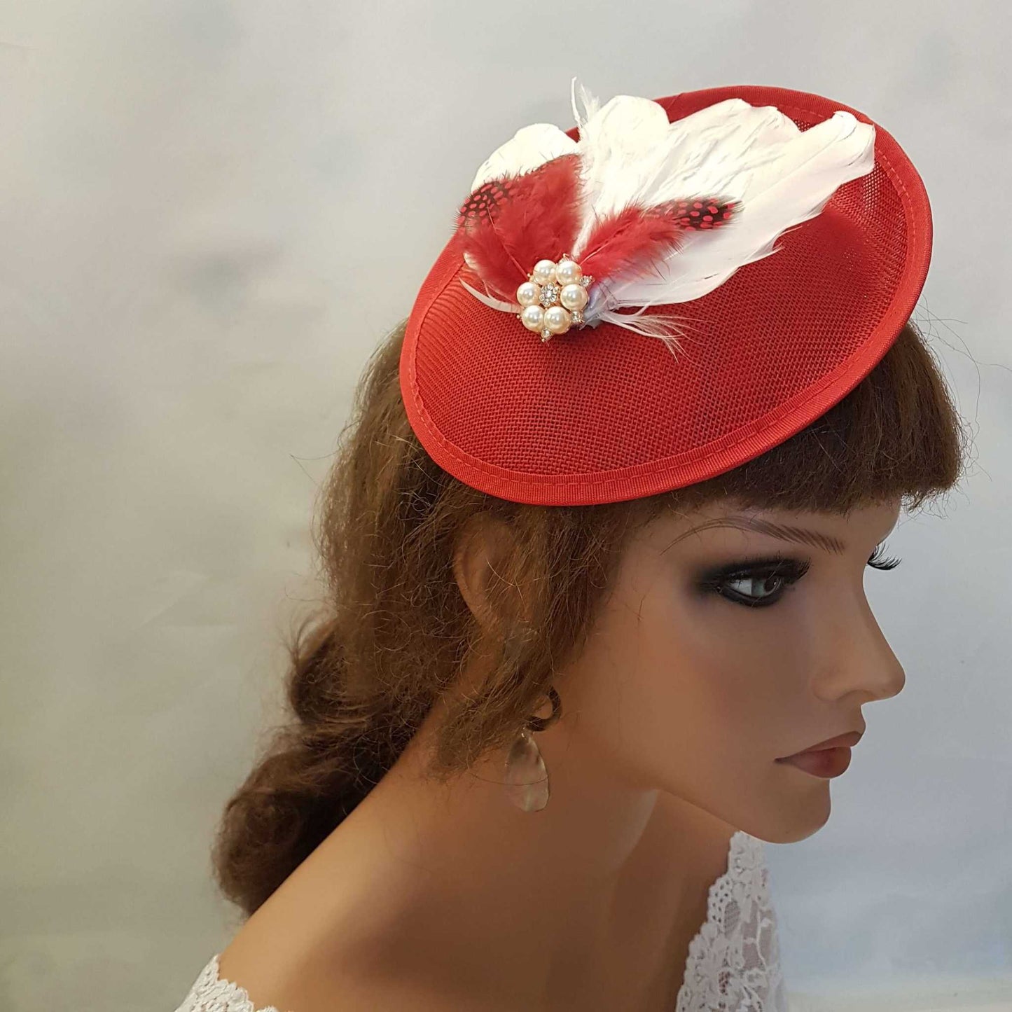 Red & White Feather Fascinator Wedding,Ascot,Races,Cocktail Party hat
