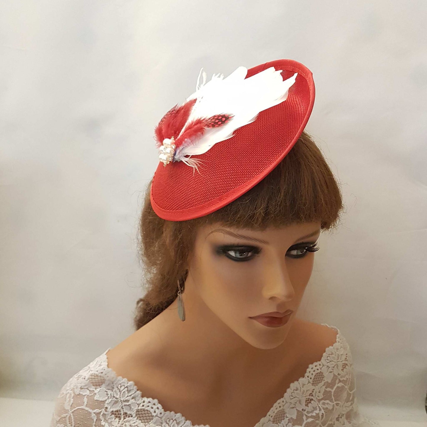 Red & White Feather Fascinator Wedding,Ascot,Races,Cocktail Party hat