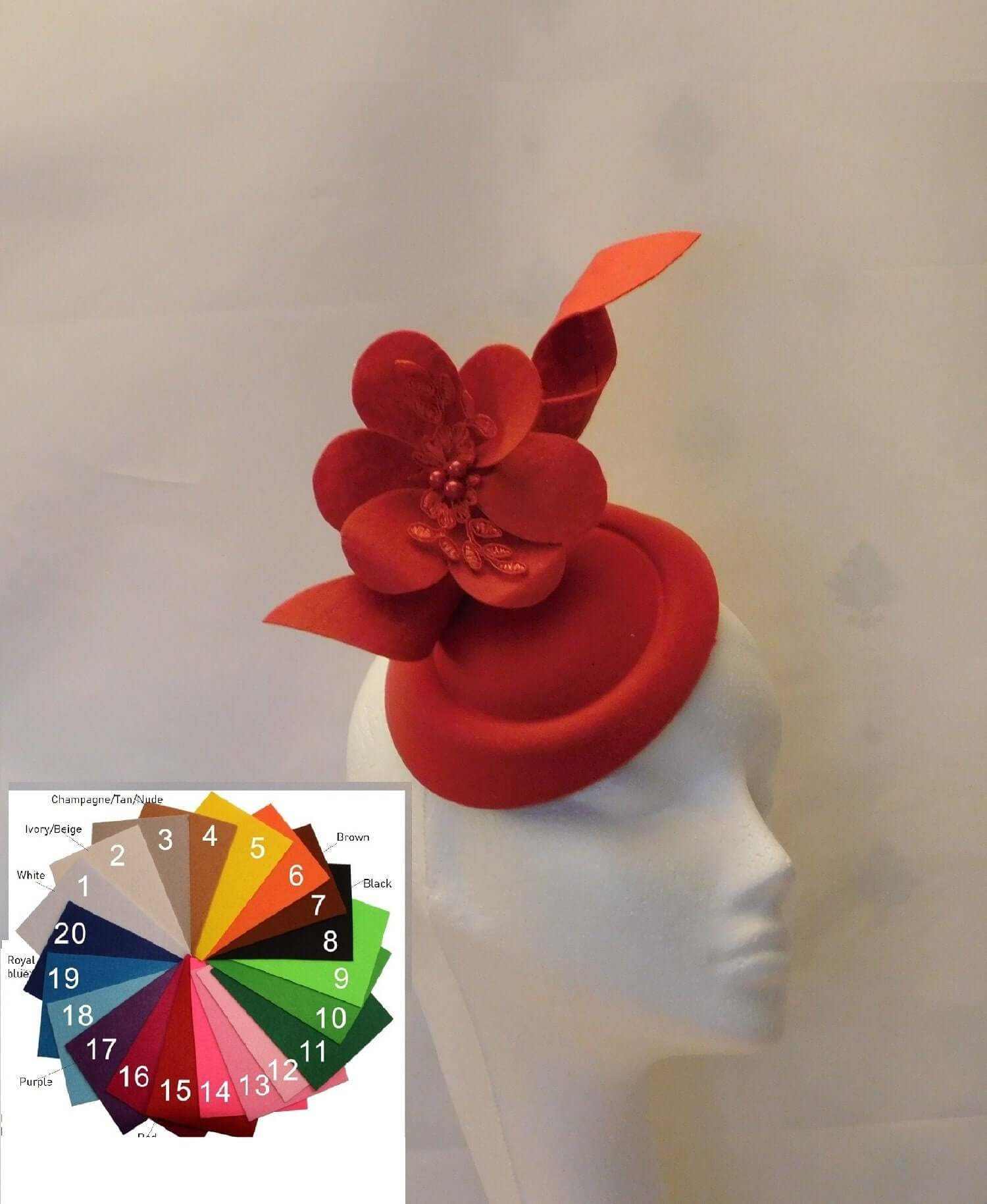 Red fascinator hat with Felt Flowers and Swril