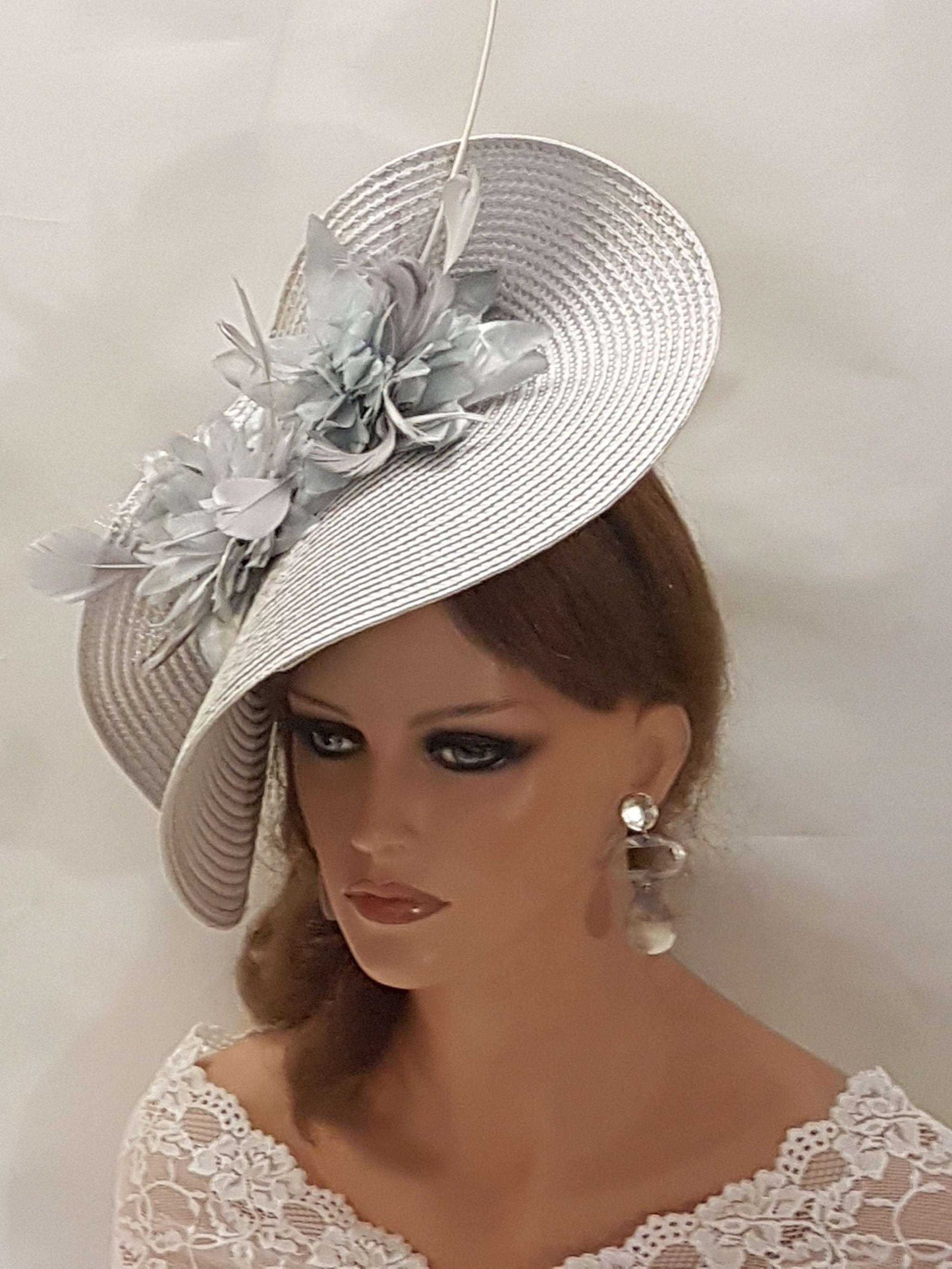 SILVER Grey fascinator with quill feather and silk flowers, perfect for weddings or special occasions.