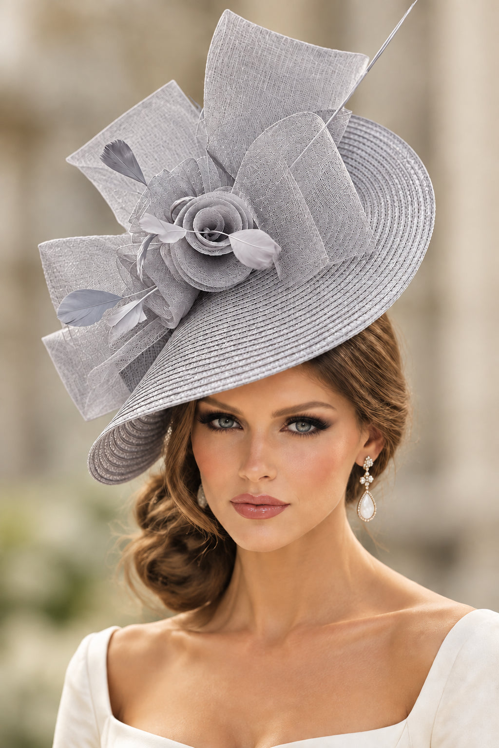 Silver Grey fascinator large saucer hatinator Feather Floral Church Derby Royal Ascot Hat Wedding Party hat Mother of Bride/Groom Facinator