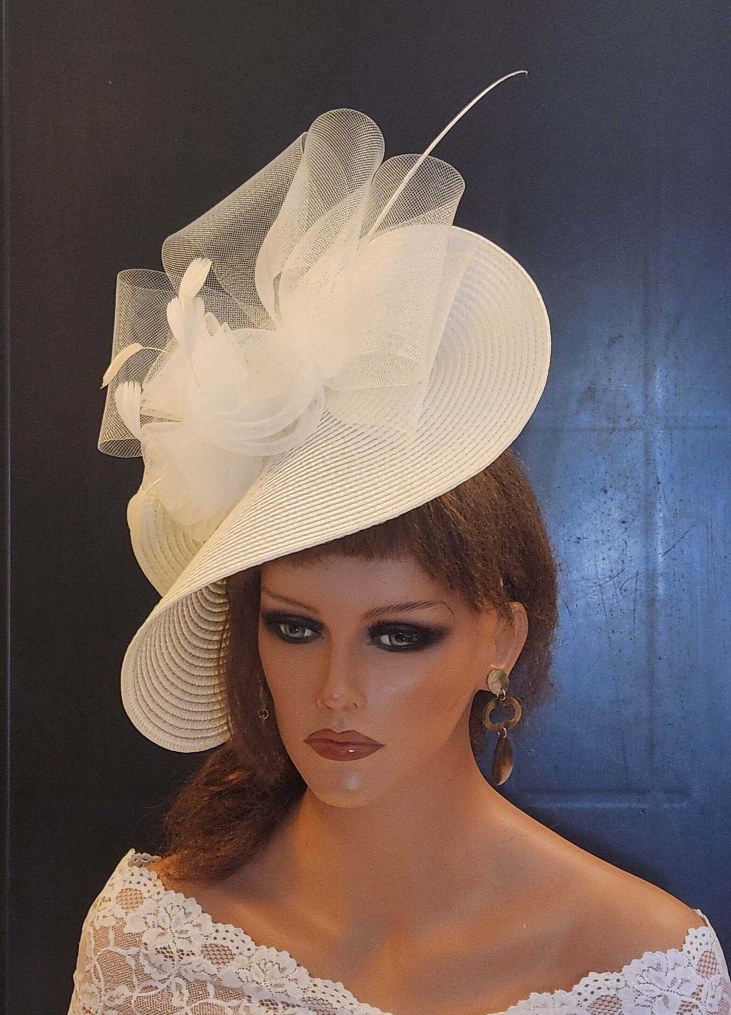 White Mother of the Bride  Fascinator with long quill feather and crinoline roses, perfect wedding headpiece.