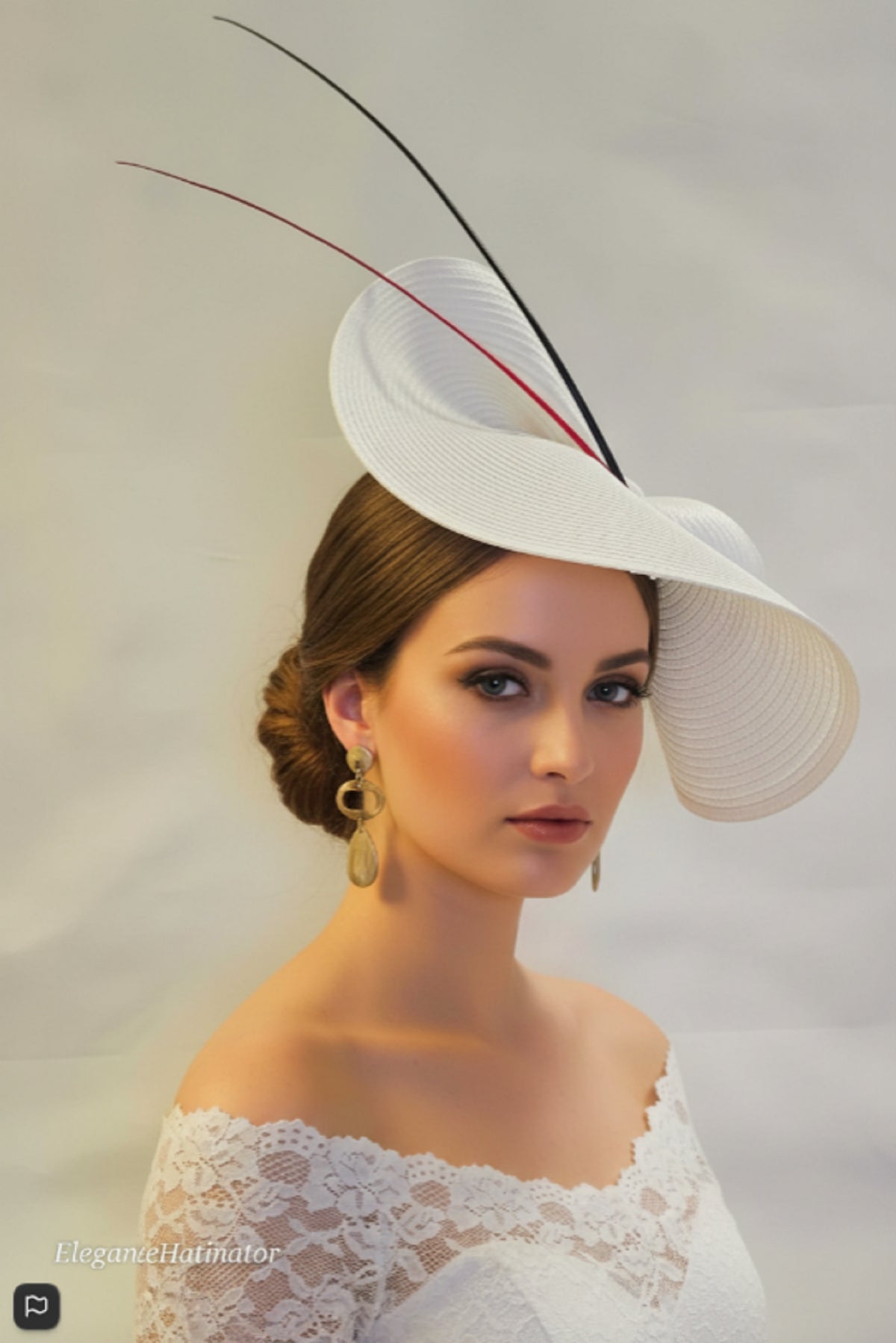 white wide-brim Wedding fascinator hat with long black and red feather accents,Ascot hat