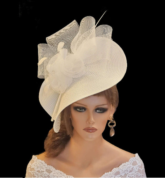 Large White Mother of the bride Fascinator with feathers and crinoline roses for weddings and special occasions.
