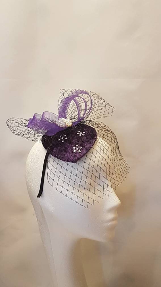 PURPLE Fascinator, Purple Velvet FASCINATOR Hat with mini veil hat, Race,Cocktail,Ascot,Cocktail fascinator hat,Wedding headpiece,Hatinator