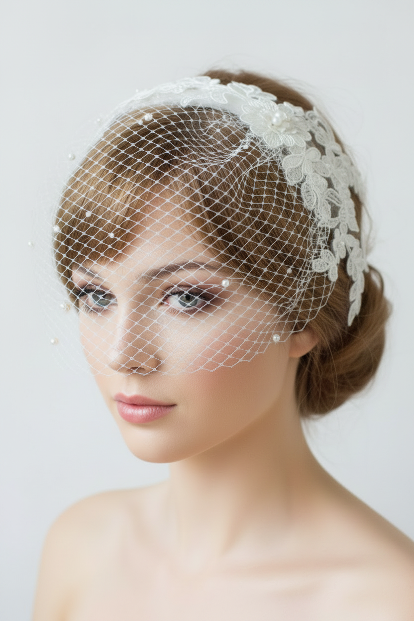 Voile cage à oiseaux en tulle blanc ivoire avec fascinateur en dentelle, voile de mariée en perles de diamant, voile blusher, voile bandeau