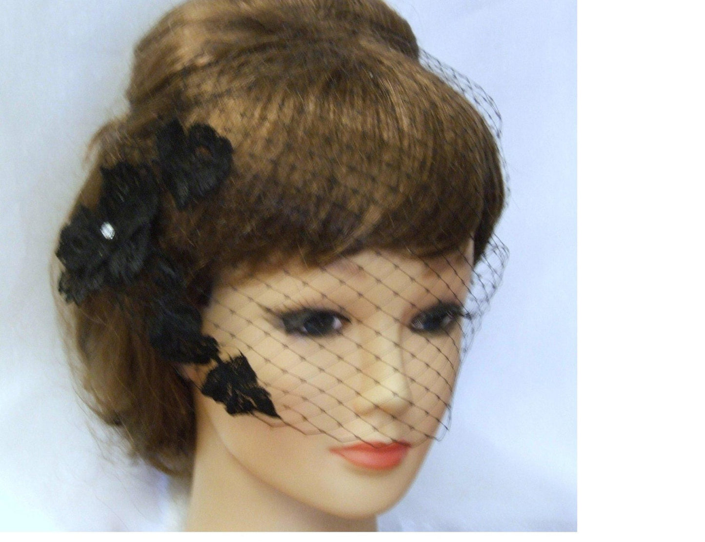 Black Birdcage veil  Blusher Veil 9 inch Bandeau veil French net veil Black flower motif fascinator Black face veil Black french net veil