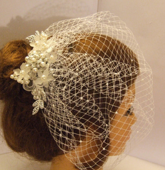 Birdcage veil, White, Ivory bridal birdcage veil,Bridal Lace fascinator, Diamonte Pearl  Blusher veil, Wedding hair accessory, face veil 2PC