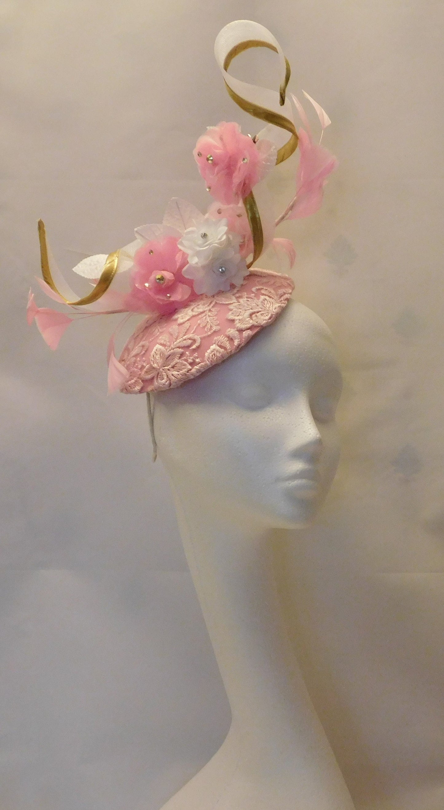 PINK HAT FASCINATOR  #Pink hat with Gold edge swirl Kentucky derby  Ascot hat fascinator Wedding, Race, Cocktail hat Church hat fascinator