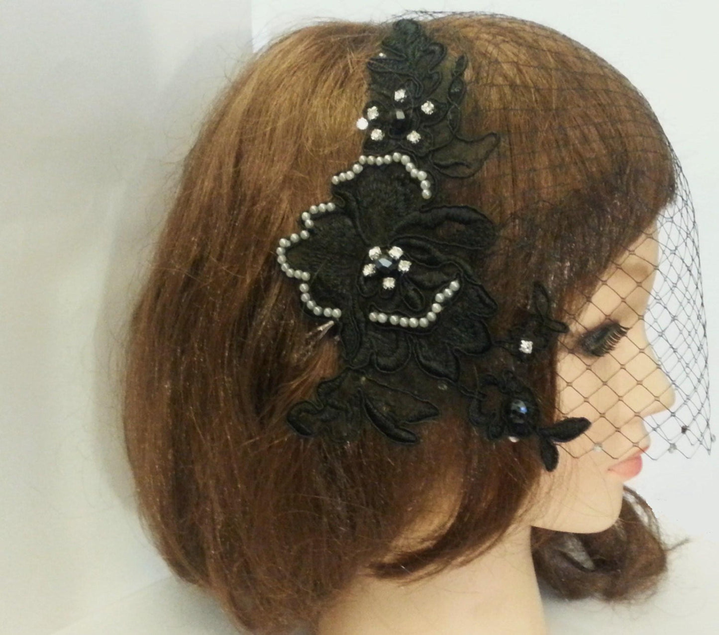 Black Birdcage veil Blusher Veil. 9 inch Bandeau veil with crystals and pearls flower motif lace fascinator, Ladies black veil for ceremoney