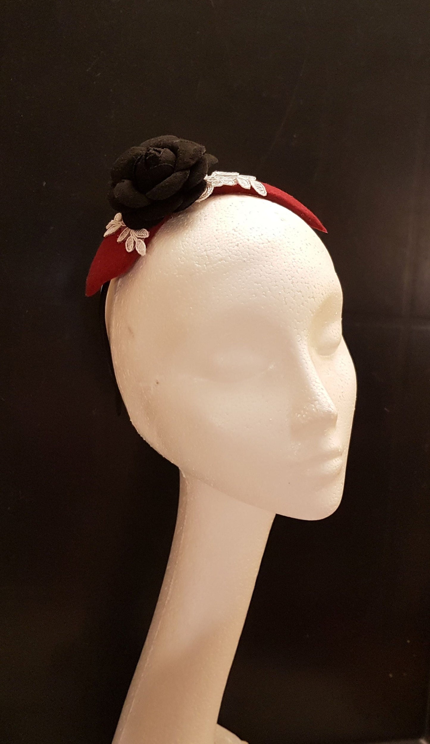 MAROON FASCINATOR, Modern Felt fascinator with BLACK Rose #Maroon fascinatorHeadband Felt Rose flower. Cocktail,Ladies day,Wedding Hairpiece