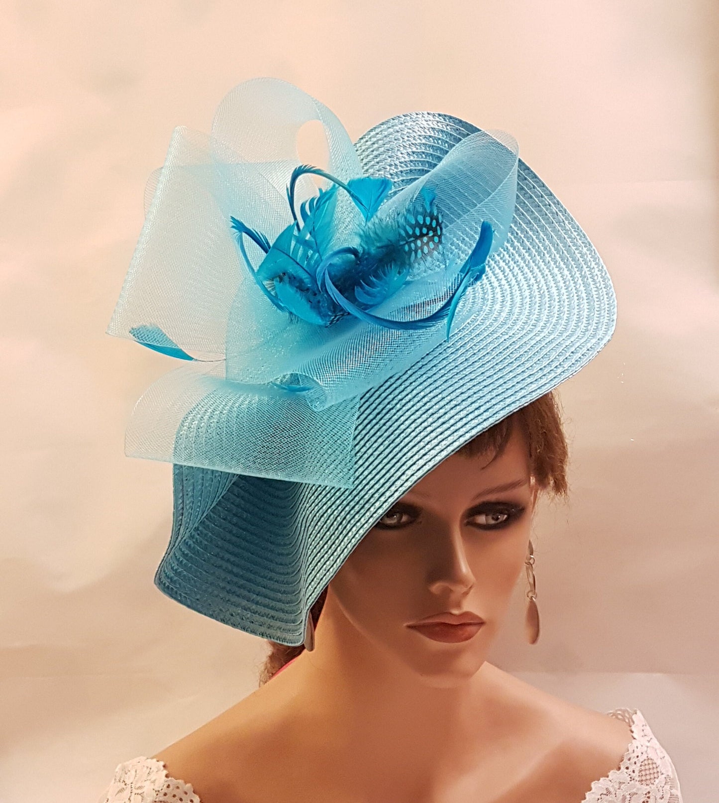 Chapeau fascinateur BLEU grande soucoupe Chapeau PLUME bleu TURQUOISE Chapeau d'église Derby Ascot Chapeau de fête de mariage royal Chapeau de mère de la mariée/du marié