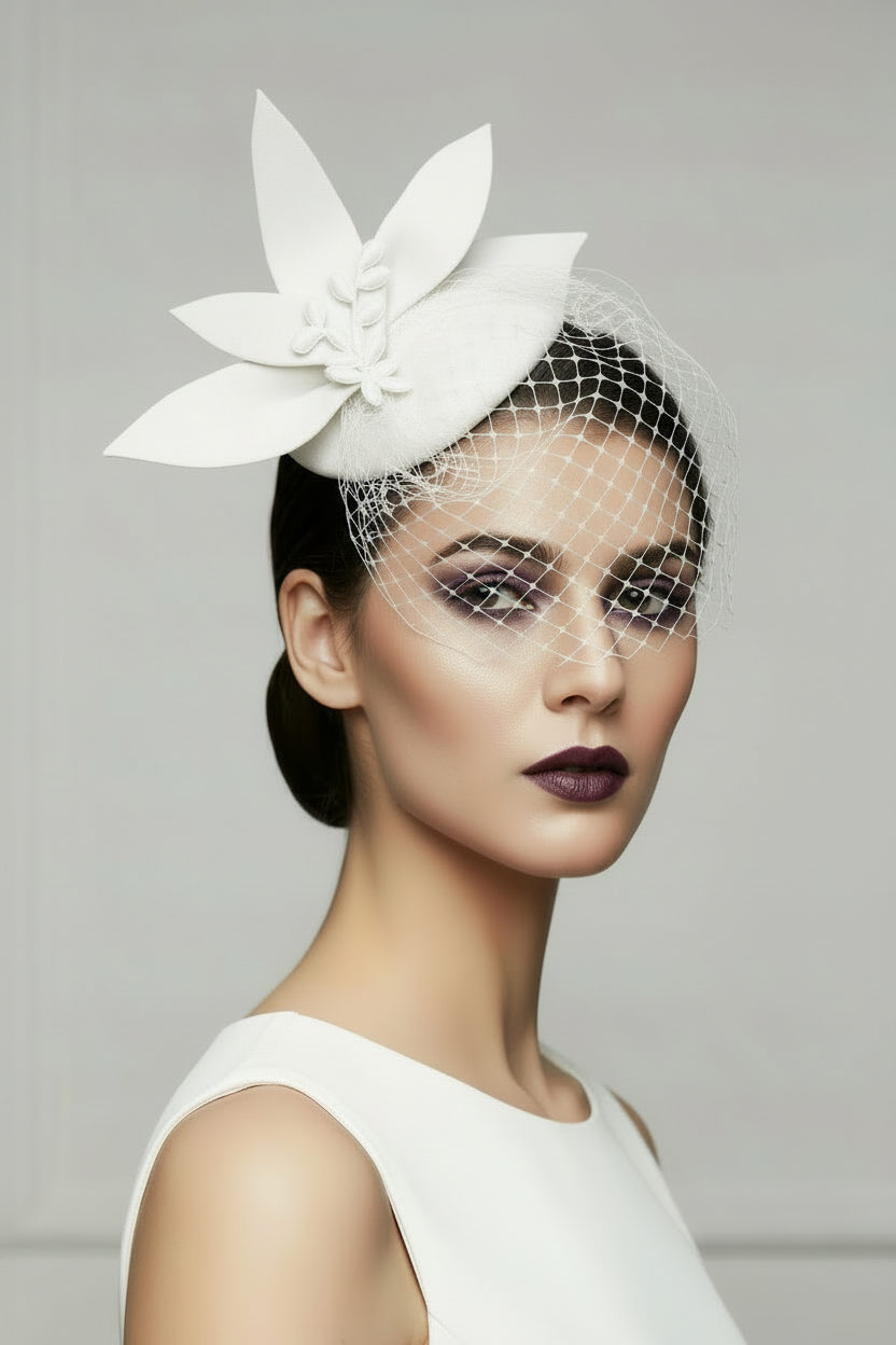 White Ivory Black Pink Blue Red Felt hat fascinator Wedding hair accessory Bridal mini hat with6 bow & french nett Fascinator Felt headpiece