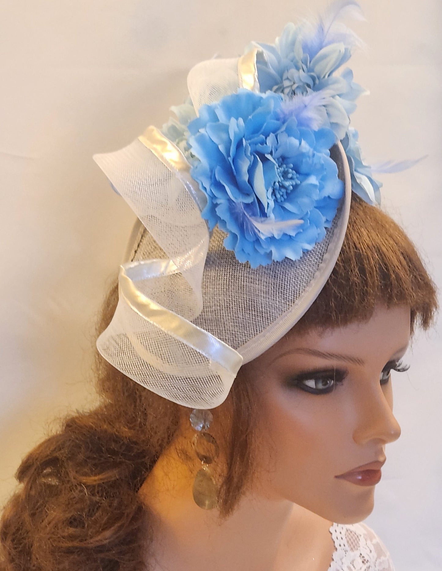 SILVER Grey and Blue Fascinator Hat . Blue Flowers & Swril Church Derby Ascot Wedding Hesdwear TeaParty hat Mother of Bride/Groom Hatinator