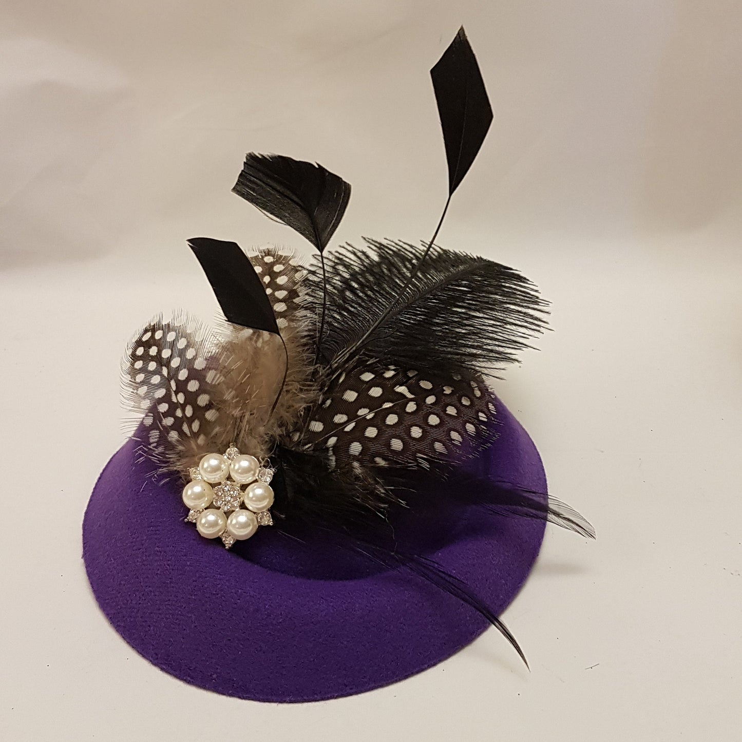 Purple Fascinator Hat Feathers & Pearl,Church,Special Occasion Women's Headpiece Handmade with Black Speckled Feathers Weddings Royal Ascot