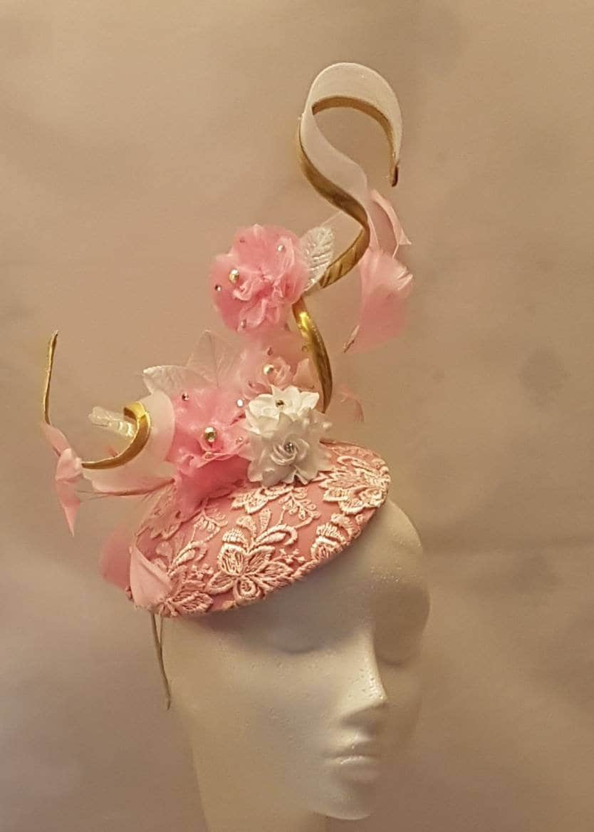 PINK HAT FASCINATOR  #Pink hat with Gold edge swirl Kentucky derby  Ascot hat fascinator Wedding, Race, Cocktail hat Church hat fascinator