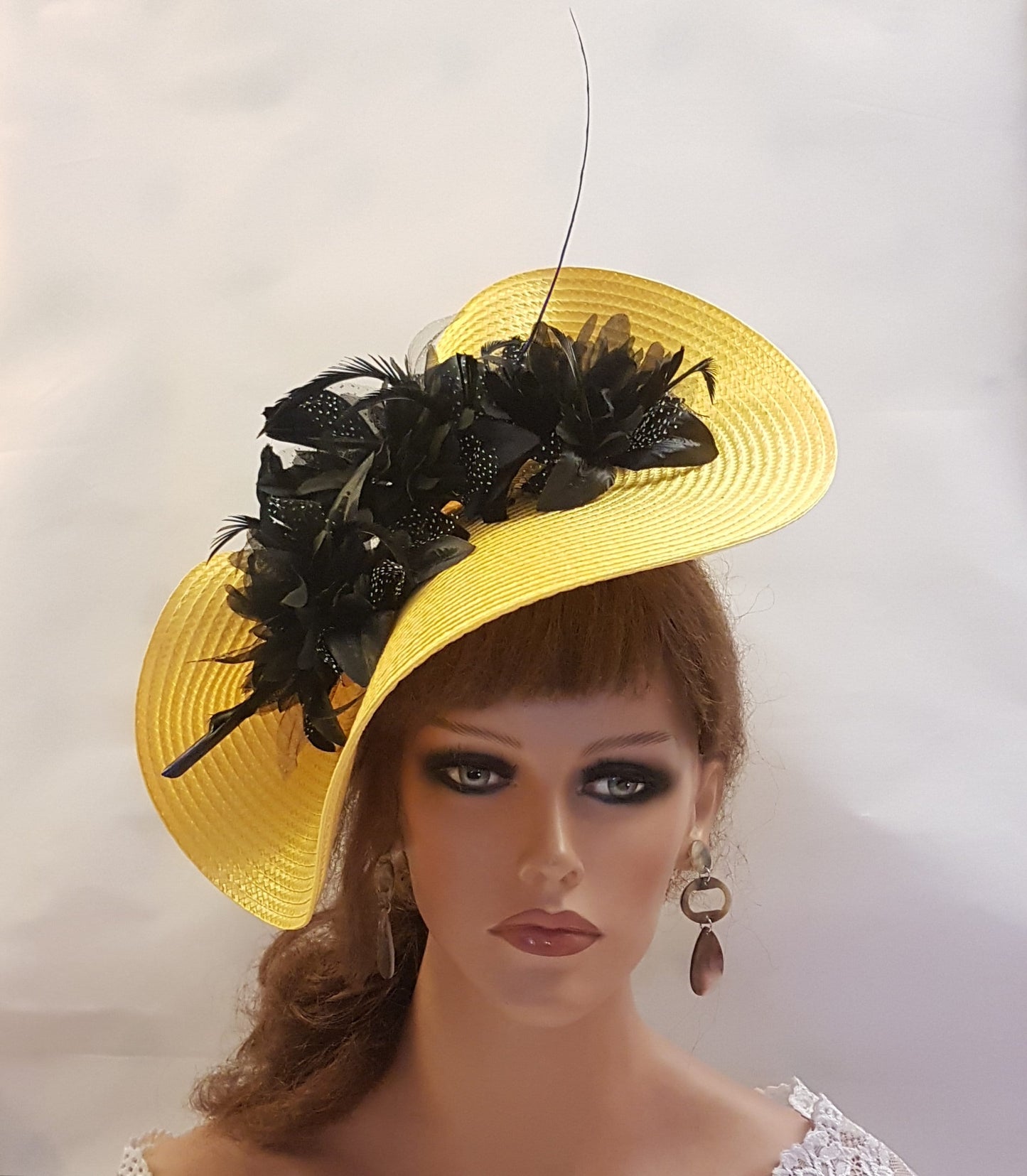 YELLOW & BLACK  #fascinator Hat Large saucer HatinatorLong quil Floral Church Derby Ascot Wedding TeaParty  Mother of Bride/Groom Hatinator