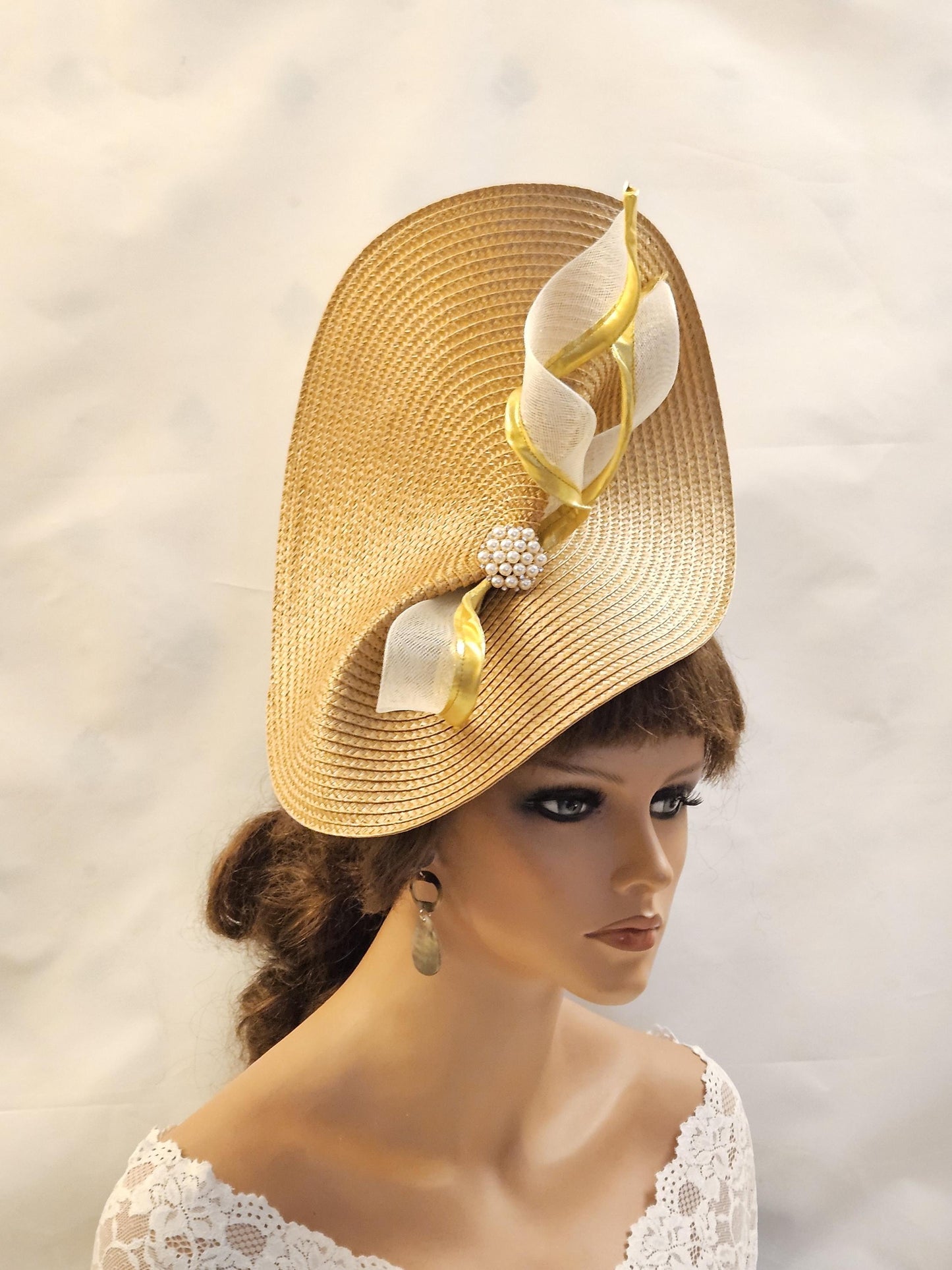 Wide Gold Fascinator Hat with Crin Swril & Pearl Cluster Statement Woven Chic Mustard Gold Hatinator for Wedding,Derby,Mother of bride Hat