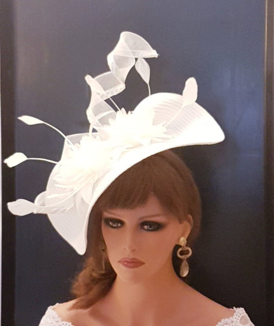 White fascinator large saucer hatinator Feather Floral Church Derby Royal Ascot Hat Race Wedding Party hat Mother of Bride/Groom Hatinator