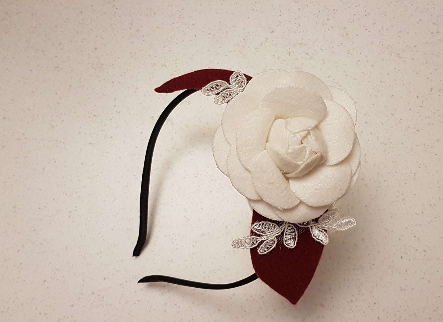 MAROON FASCINATOR, Modern Felt fascinator WHITE Rose #Maroon fascinator headband Felt Rose flower. Cocktail,Ladies day, Wedding Hairpiece