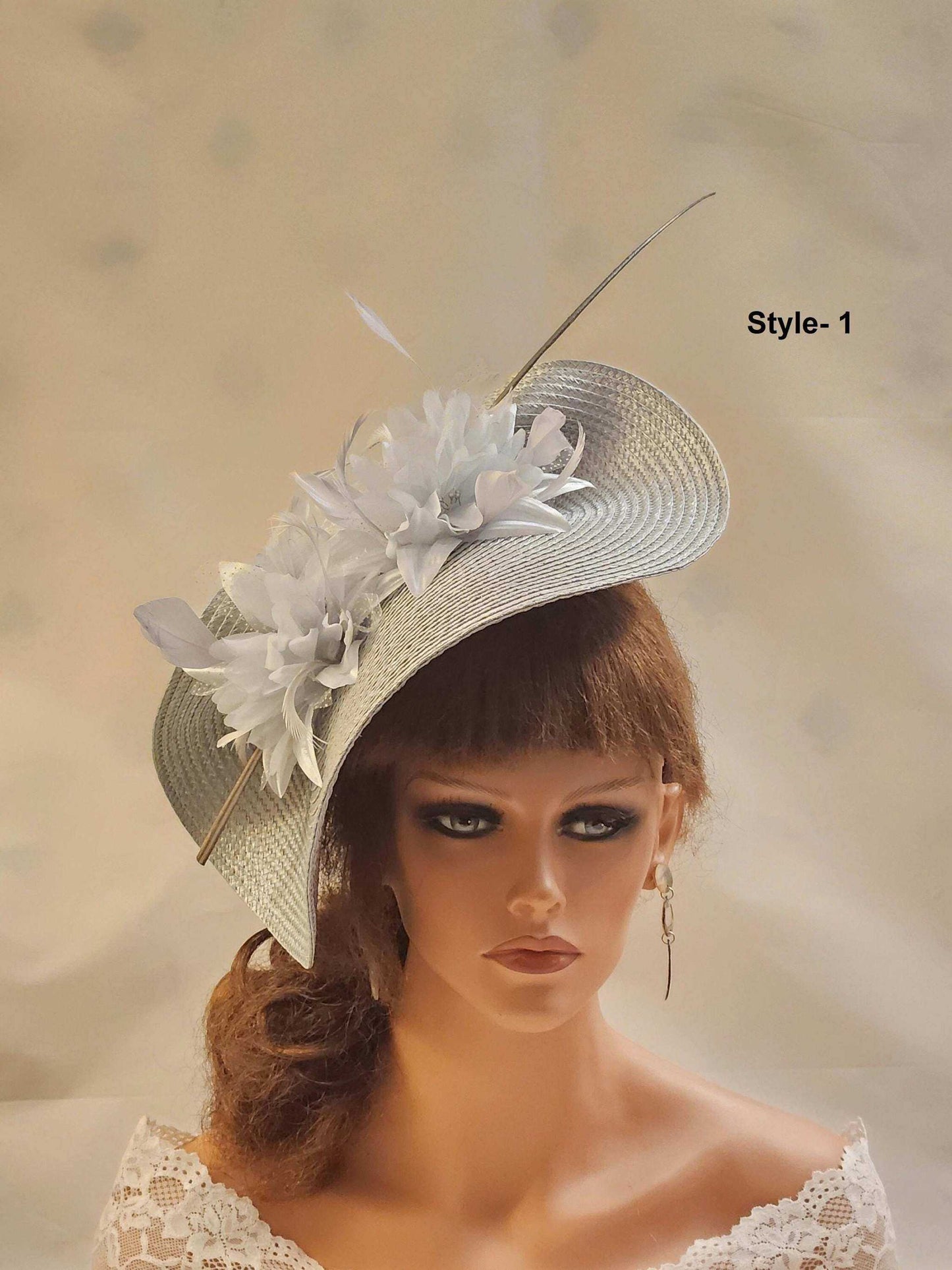 SILVER Grey fascinator with quill feather and silk flowers, ideal for weddings and special events.