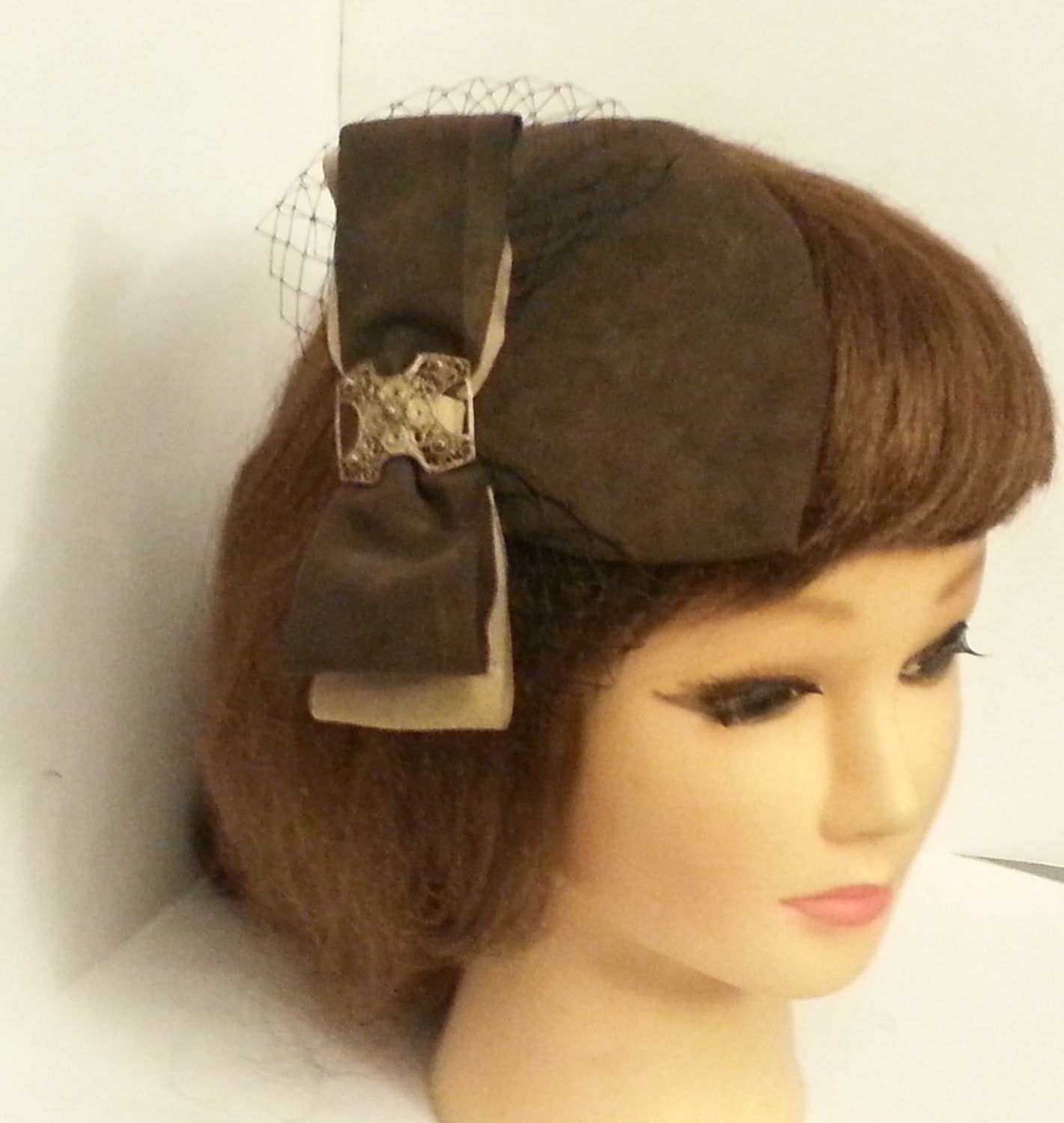 Lady Womens Dress Fascinator, SUEDE  Coffee Brown Teardrop Hat, Vintage 40s 50s Party Wedding Ascot hat  Night out Bow Hat, Brown fascinator