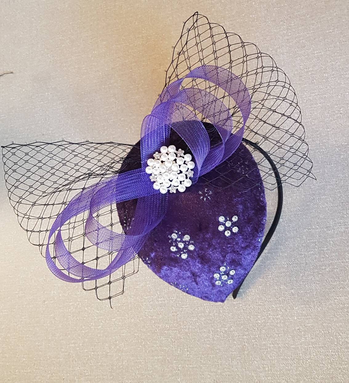 PURPLE Fascinator, Purple Velvet FASCINATOR Hat with mini veil hat, Race,Cocktail,Ascot,Cocktail fascinator hat,Wedding headpiece,Hatinator