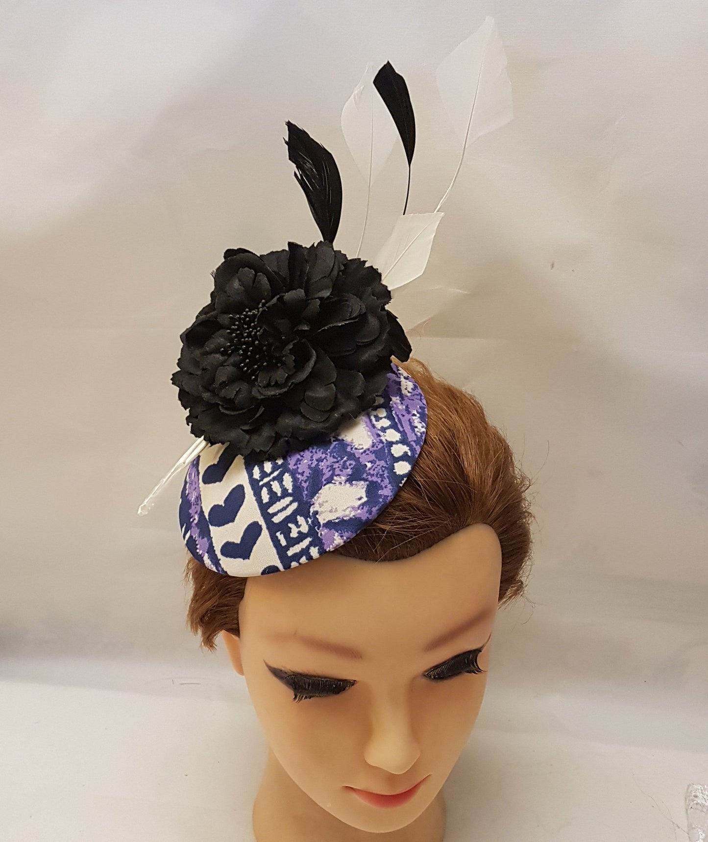 PURPLE PRINT Facinator White / Black Feather Floral Fascinator Hat Race Cocktail Hat Ascot Hat Cocktail hat Wedding headpiece