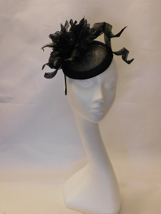 HAT FASCINATOR Black Flower Sinamay Hat Fascinator Wedding Church Hat Fascinator Race Cocktail Ascot Prom Hat Black Feather Hat Fascinator