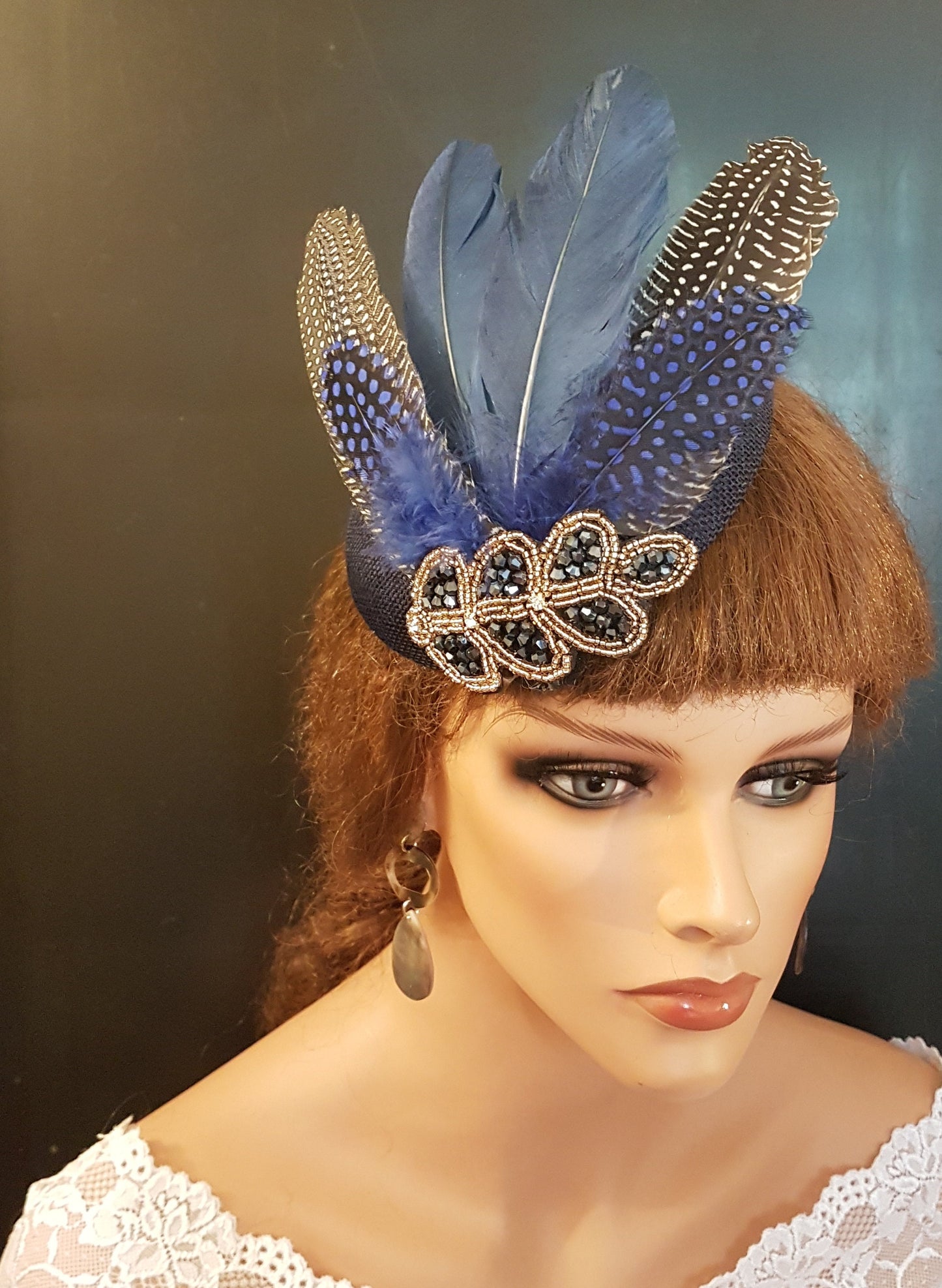 NAVY HAT FASCINATOR #Navy Blue Feather Hat Fascinator Sparkly Crystal Beads Jewel Gatsby headpiece Race Cocktail Ladies Ascot Hat Fascinator